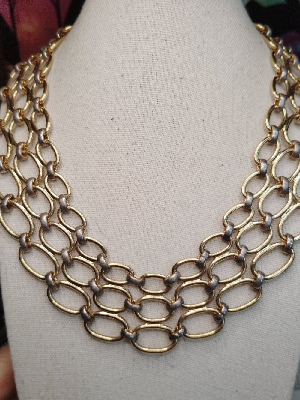 Mixed Metal Link Bib Necklace – Gold Tone w/ Silver Connectors